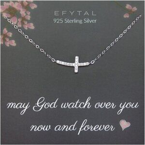 Sterling Silver Sideways Cross Necklace for Women Girls - Dainty Catholic Gift w